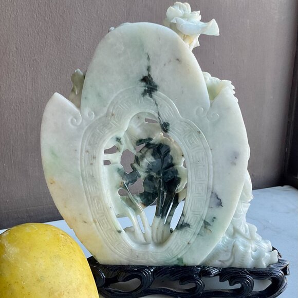 Jadeite Carving of "Two Immortals" Hehe Erxian on a carved wood base Antique - Picture 8 of 13